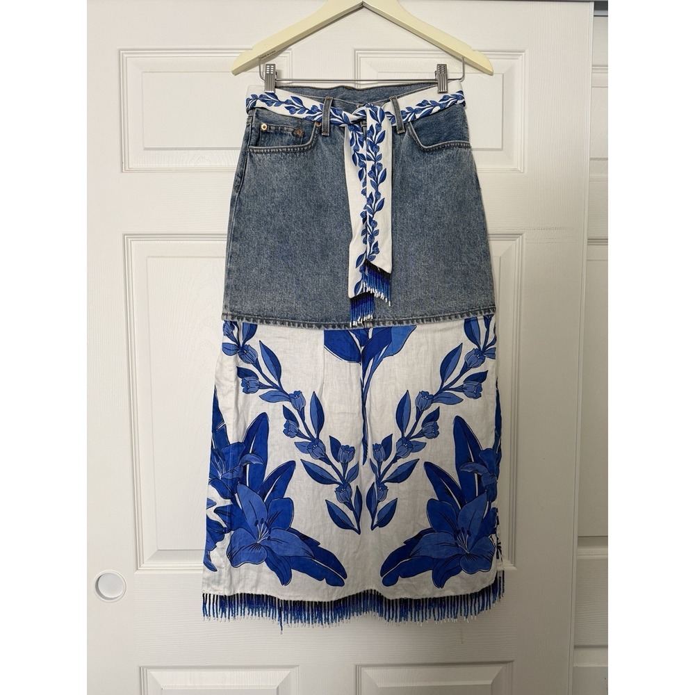 Repurposed Farm Rio Denim Linen Floral Resort Beaded Skirt - Picture 3 of 8